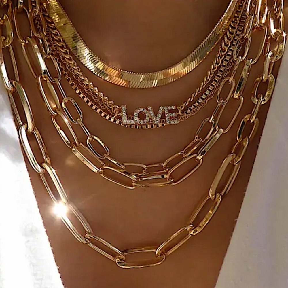 Gold Plated 18K Multilayer Necklace, Chain Link, Paperclip, Love, Zircon